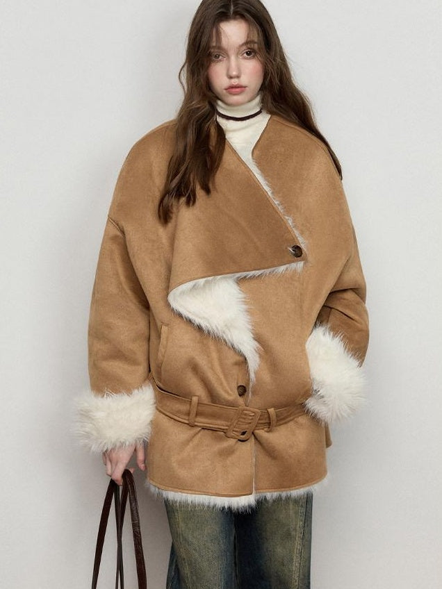 Luamoss Thick Asymmetric Mid Length Oversized Commuter Women Khaki Warm Faux Fur Coats