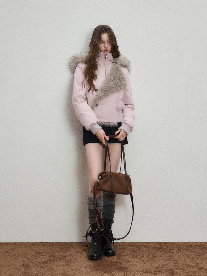 Luamoss Thick Cotton Lined Mist Pink Korean Commuter Straight Fit Zipper Puffer Jackets