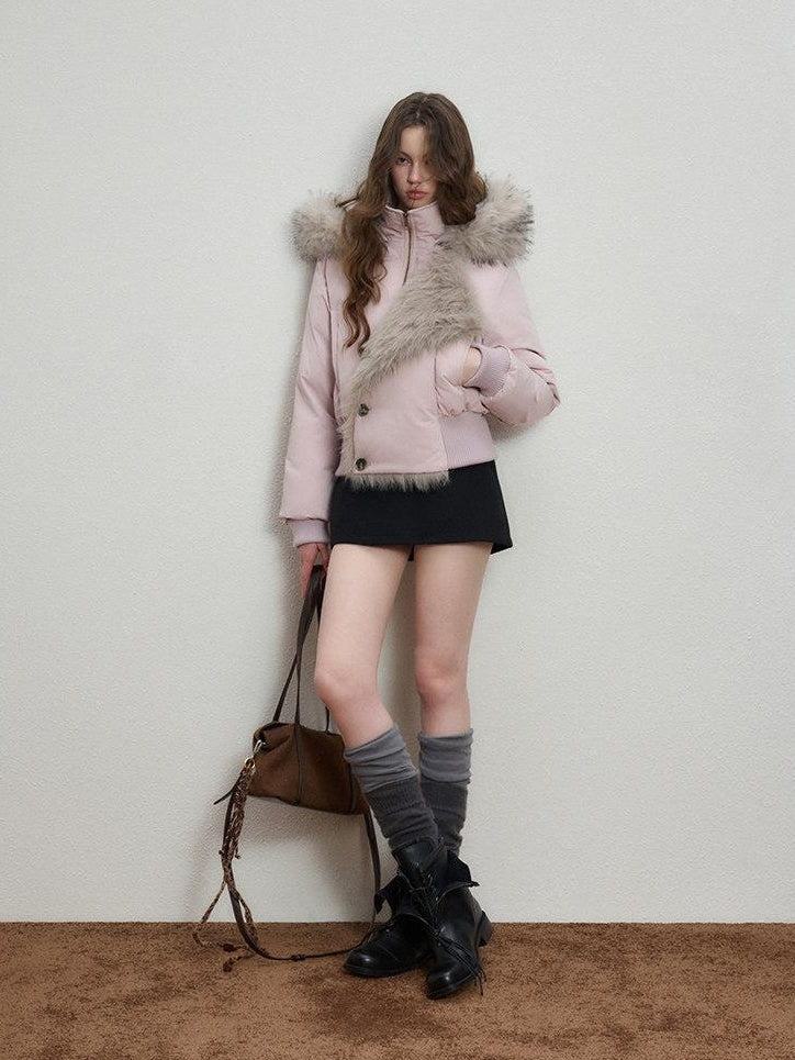 Luamoss Thick Cotton Lined Mist Pink Korean Commuter Straight Fit Zipper Puffer Jackets