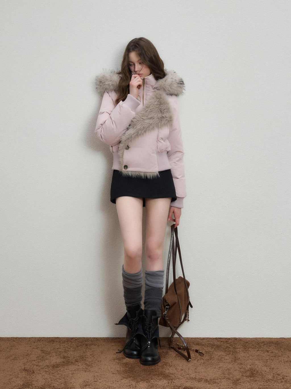 Luamoss Thick Cotton Lined Mist Pink Korean Commuter Straight Fit Zipper Puffer Jackets