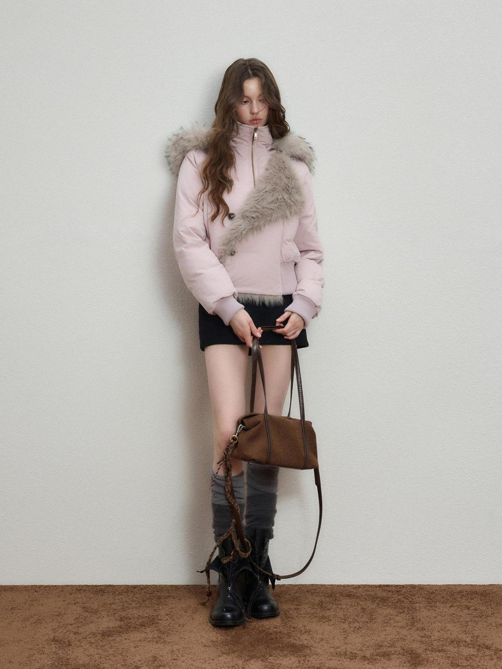 Luamoss Thick Cotton Lined Mist Pink Korean Commuter Straight Fit Zipper Puffer Jackets