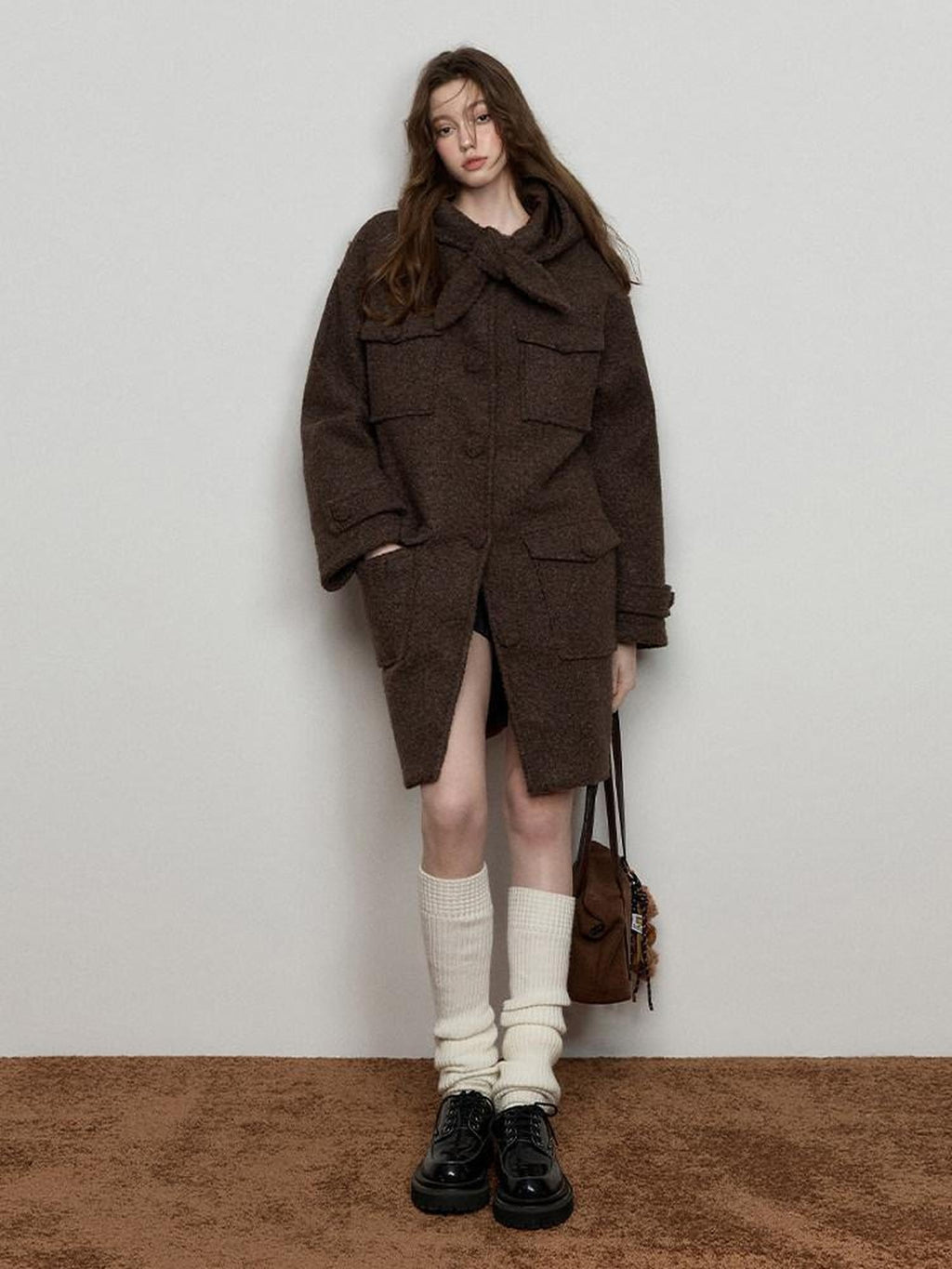 Luamoss Thick Hooded Single Breasted Mid Length Oversized Brown Commuter Wool Coats