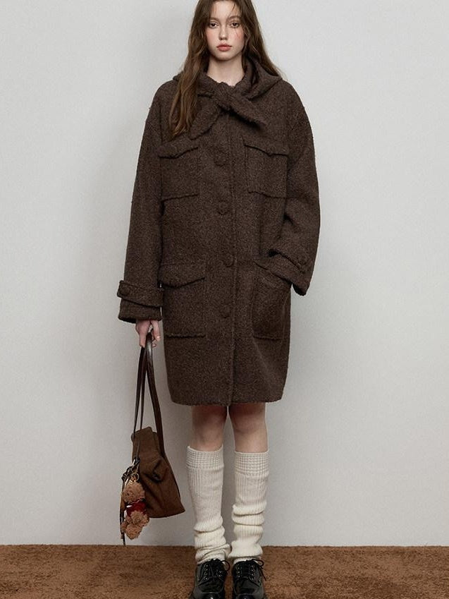 Luamoss Thick Hooded Single Breasted Mid Length Oversized Brown Commuter Wool Coats