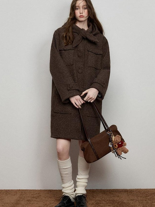 Luamoss Thick Hooded Single Breasted Mid Length Oversized Brown Commuter Wool Coats