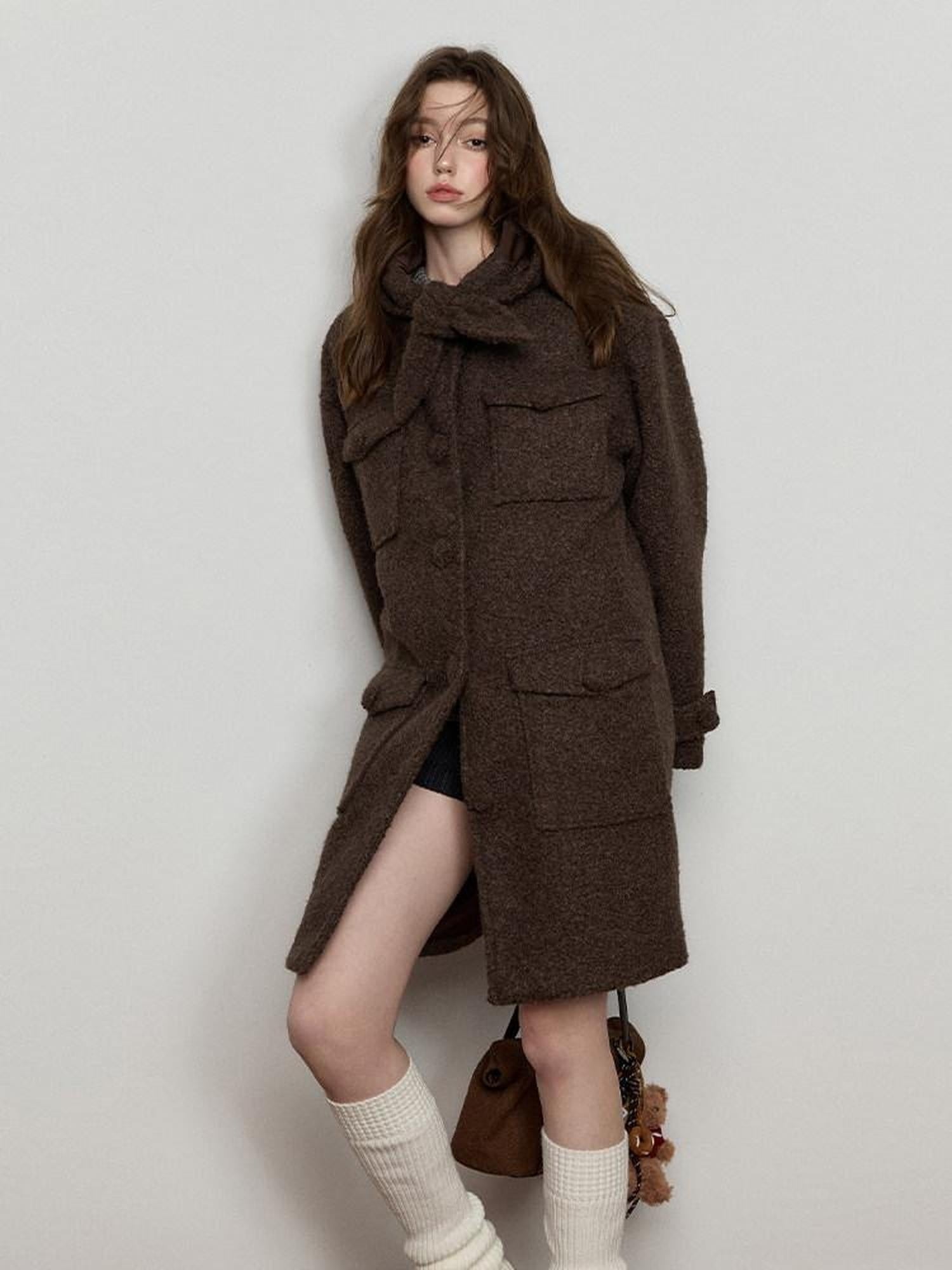 Luamoss Thick Hooded Single Breasted Mid Length Oversized Brown Commuter Wool Coats
