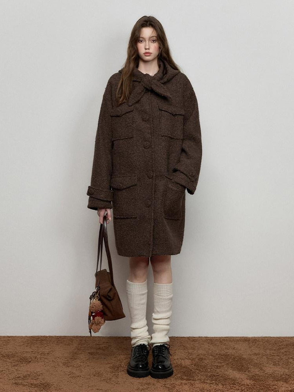 Luamoss Thick Hooded Single Breasted Mid Length Oversized Brown Commuter Wool Coats
