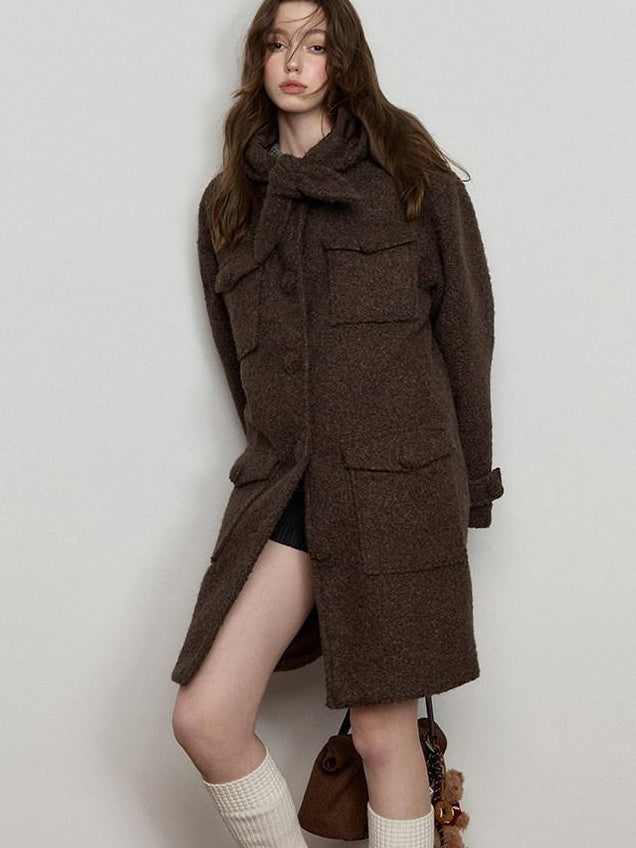 Luamoss Thick Hooded Single Breasted Mid Length Oversized Brown Commuter Wool Coats