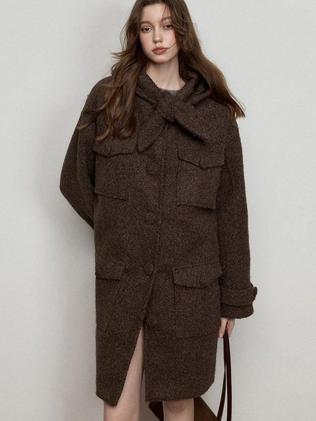 Luamoss Thick Hooded Single Breasted Mid Length Oversized Brown Commuter Wool Coats