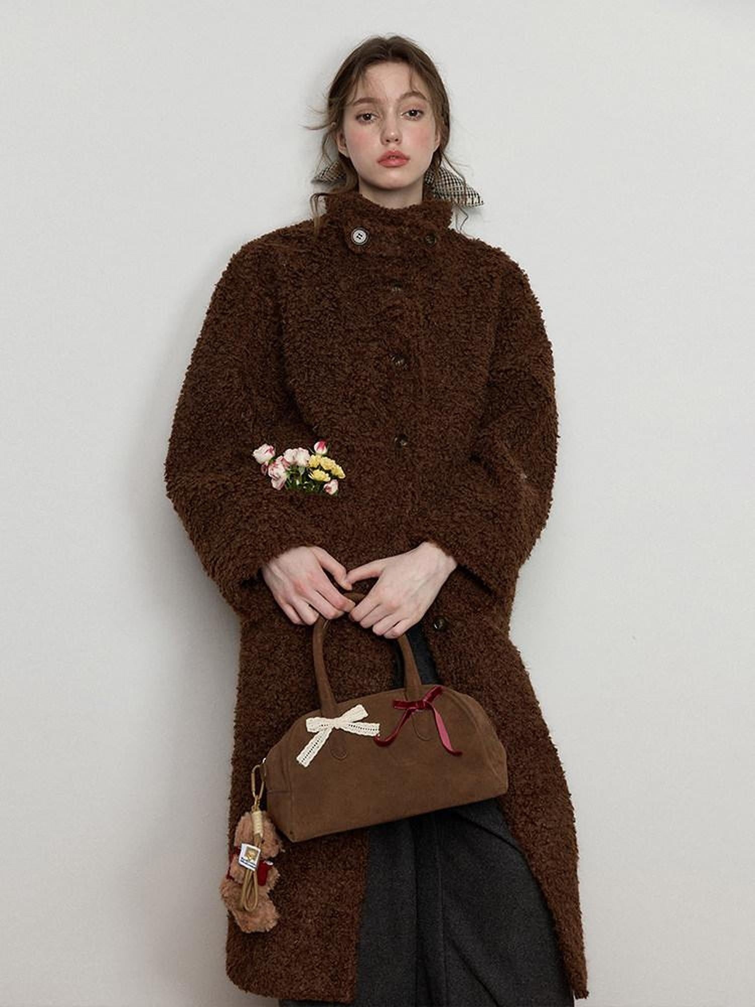 Luamoss Thick Long Loose Stand Collar Single Breasted Commuter Vintage Khaki Wool Coats