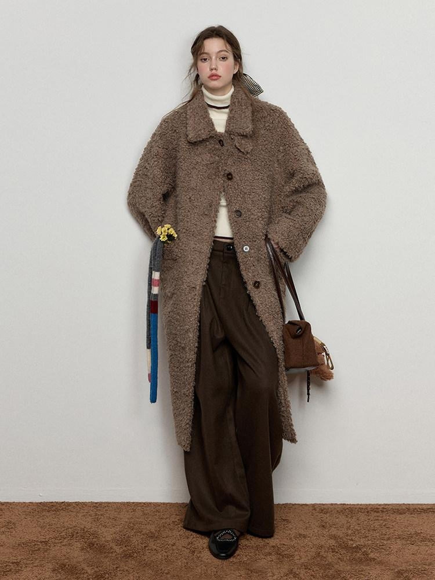 Luamoss Thick Long Loose Stand Collar Single Breasted Commuter Vintage Khaki Wool Coats