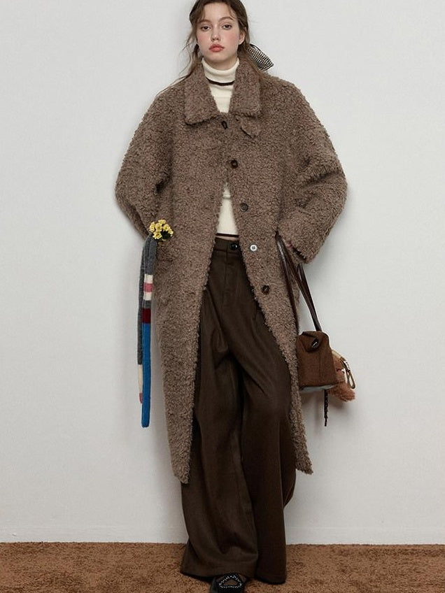 Luamoss Thick Long Loose Stand Collar Single Breasted Commuter Vintage Khaki Wool Coats