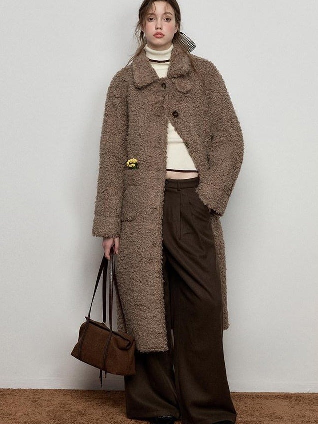 Luamoss Thick Long Loose Stand Collar Single Breasted Commuter Vintage Khaki Wool Coats