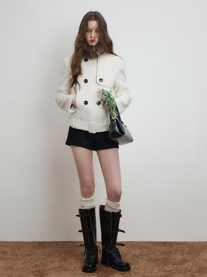 Luamoss Thick Structured Tie Waist Korean Slim Lapel Double Breasted Women Wool Coats