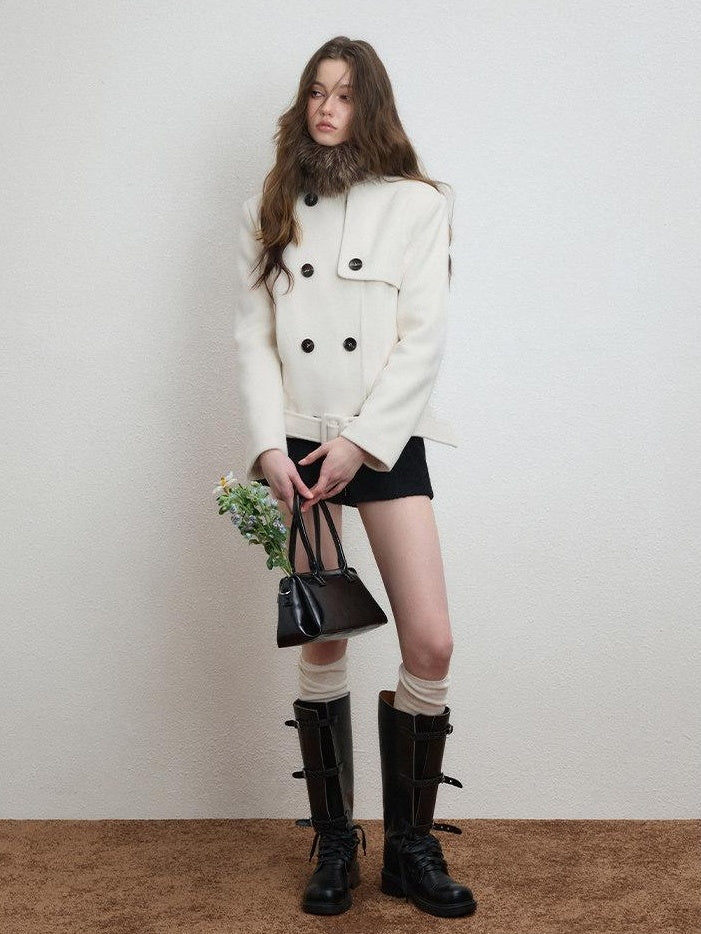 Luamoss Thick Structured Tie Waist Korean Slim Lapel Double Breasted Women Wool Coats