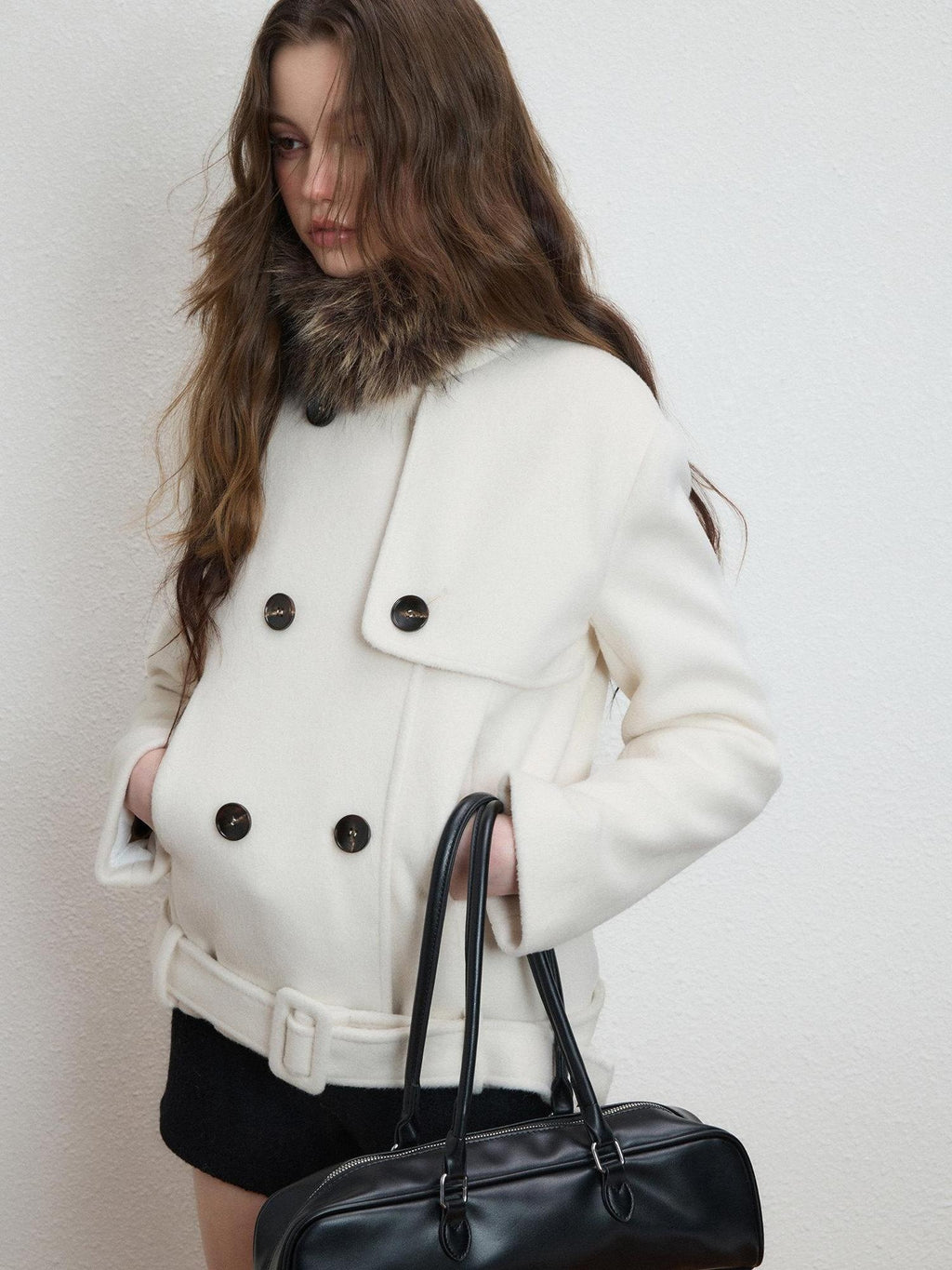 Luamoss Thick Structured Tie Waist Korean Slim Lapel Double Breasted Women Wool Coats