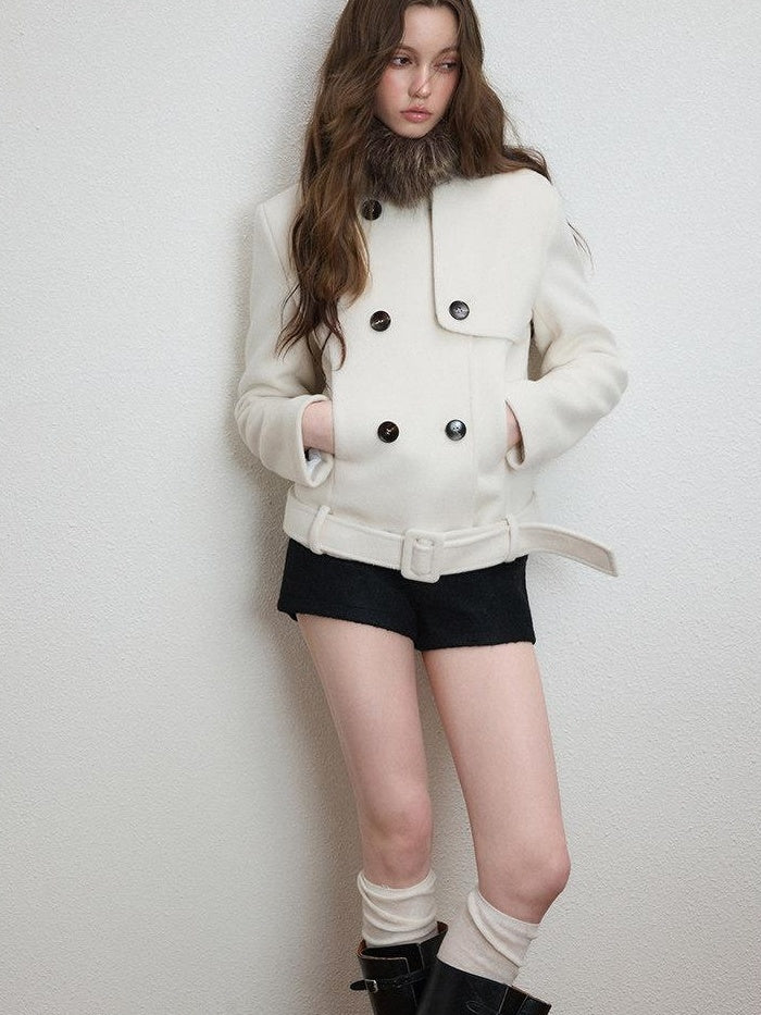 Luamoss Thick Structured Tie Waist Korean Slim Lapel Double Breasted Women Wool Coats