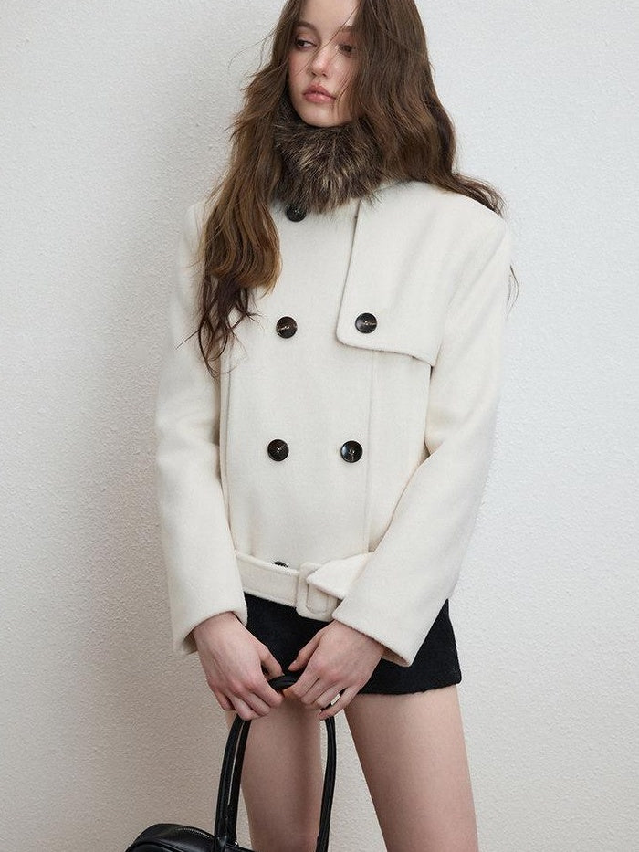 Luamoss Thick Structured Tie Waist Korean Slim Lapel Double Breasted Women Wool Coats