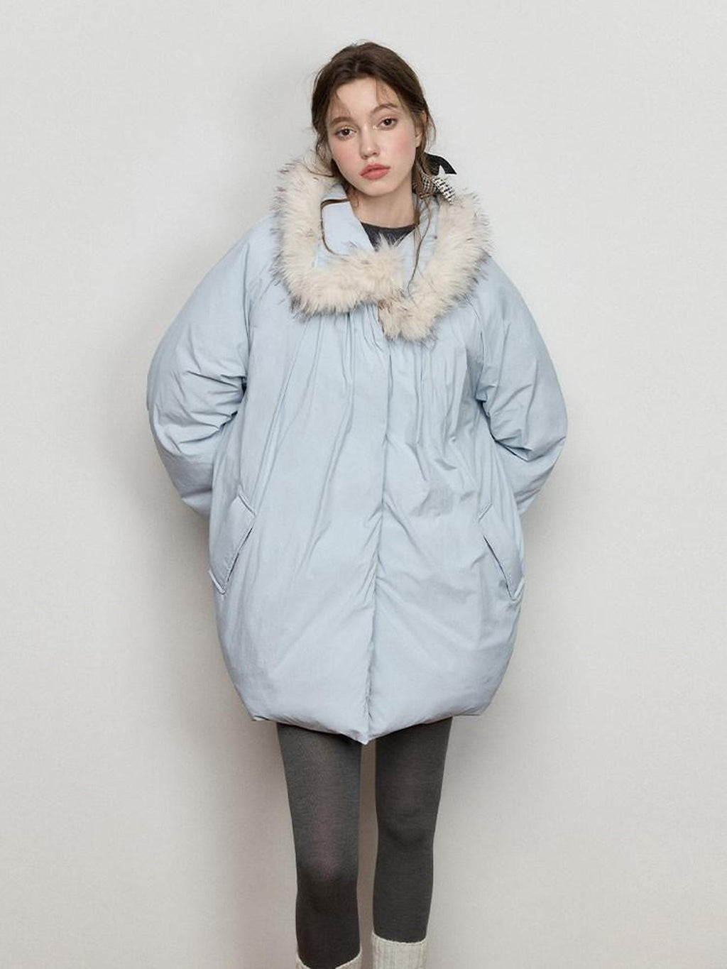 Luamoss Thick Warm Fur Collar Pleated Oversized Commuter Midlength Quilted Puffer Jackets