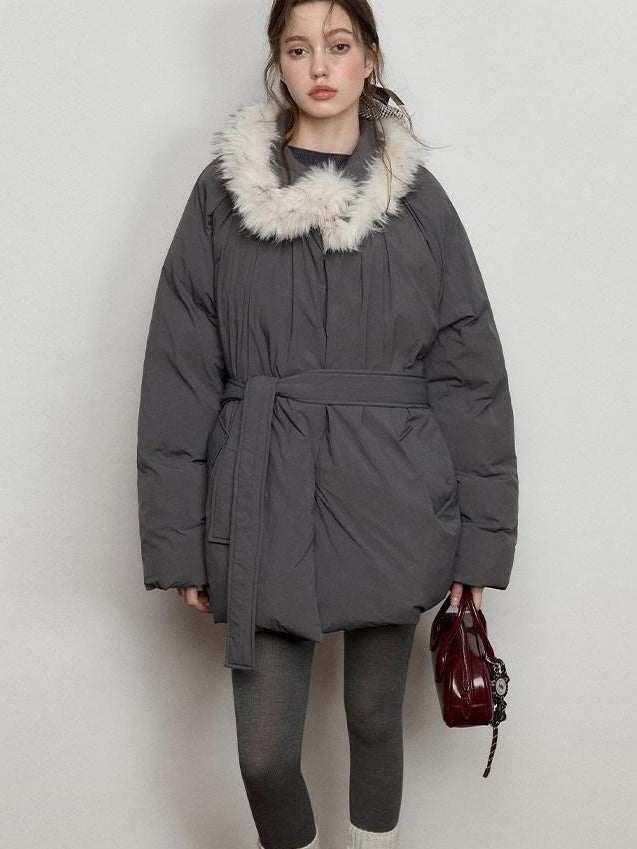 Luamoss Thick Warm Fur Collar Pleated Oversized Commuter Midlength Quilted Puffer Jackets