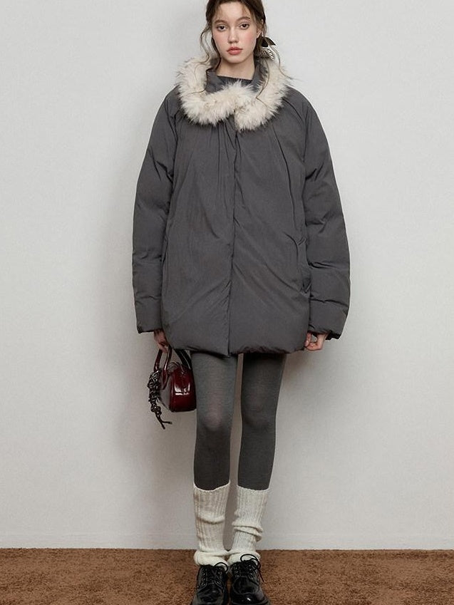Luamoss Thick Warm Fur Collar Pleated Oversized Commuter Midlength Quilted Puffer Jackets