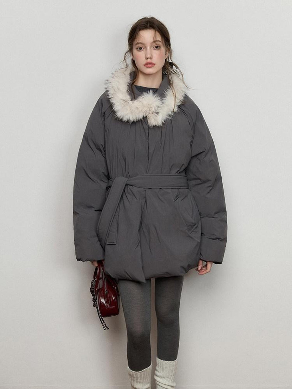 Luamoss Thick Warm Fur Collar Pleated Oversized Commuter Midlength Quilted Puffer Jackets