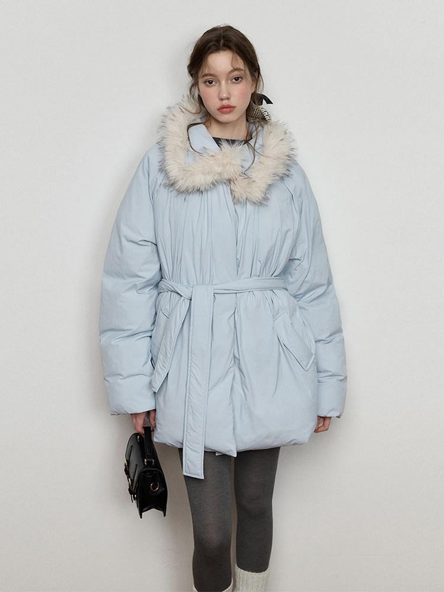Luamoss Thick Warm Fur Collar Pleated Oversized Commuter Midlength Quilted Puffer Jackets