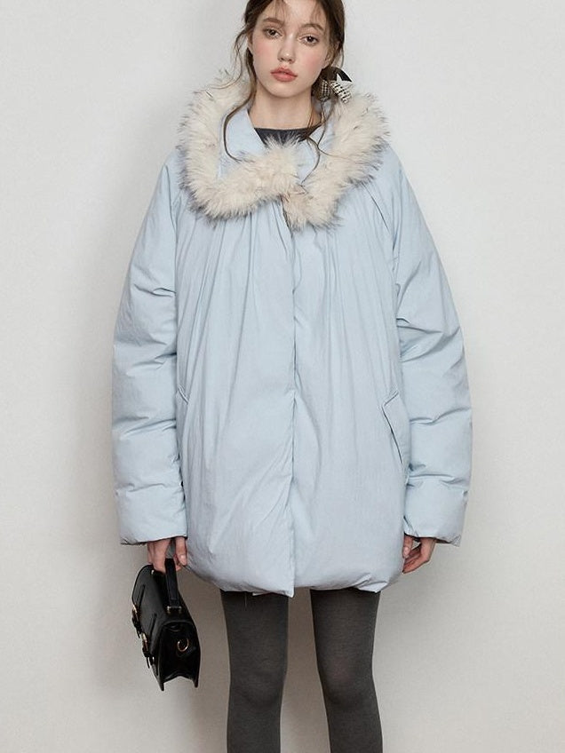 Luamoss Thick Warm Fur Collar Pleated Oversized Commuter Midlength Quilted Puffer Jackets