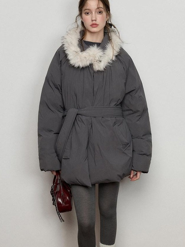 Luamoss Thick Warm Fur Collar Pleated Oversized Commuter Midlength Quilted Puffer Jackets