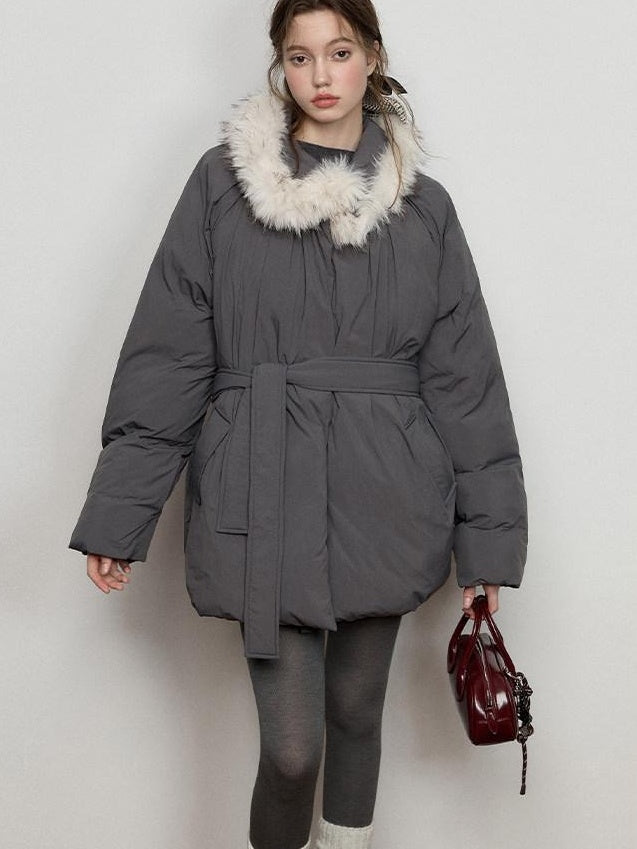Luamoss Thick Warm Fur Collar Pleated Oversized Commuter Midlength Quilted Puffer Jackets