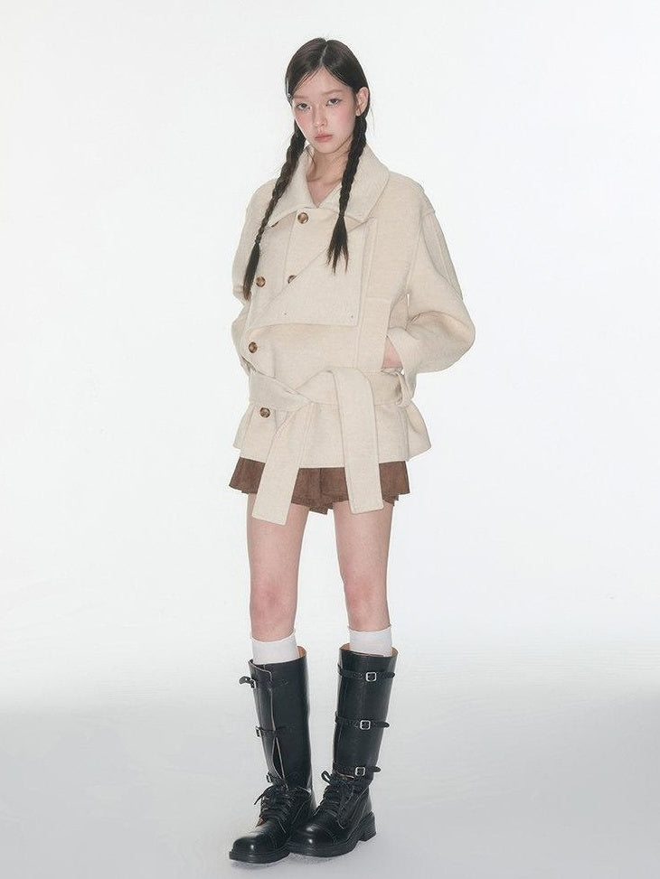 Luamoss Thick Wool Blend Korean Commuter Straight Mid Length Women Oatmeal Wool Coats