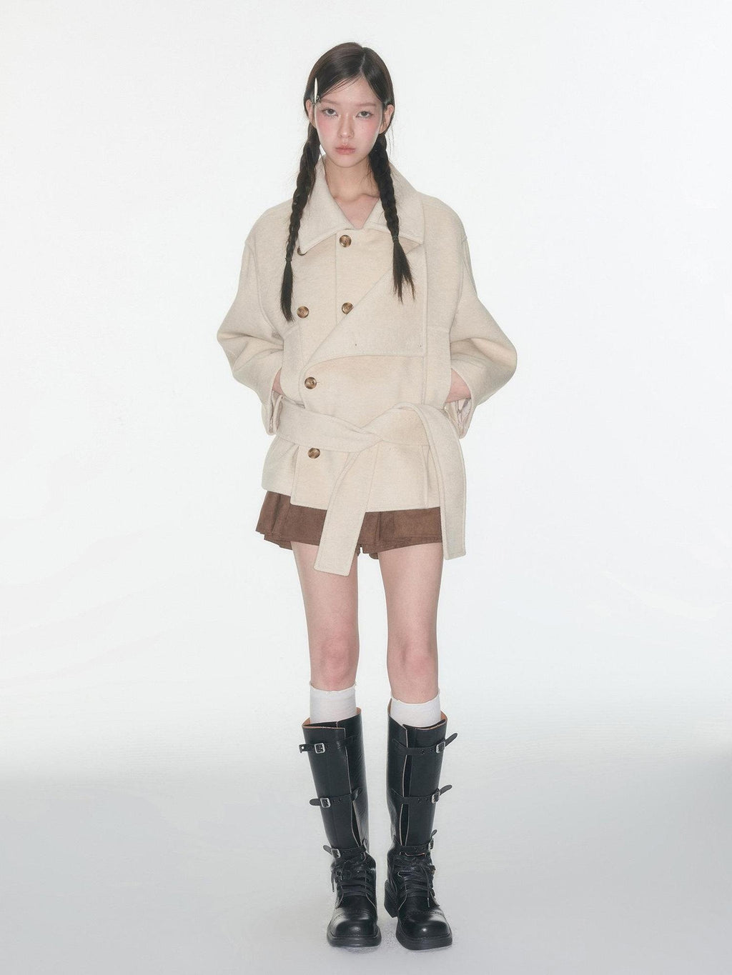 Luamoss Thick Wool Blend Korean Commuter Straight Mid Length Women Oatmeal Wool Coats
