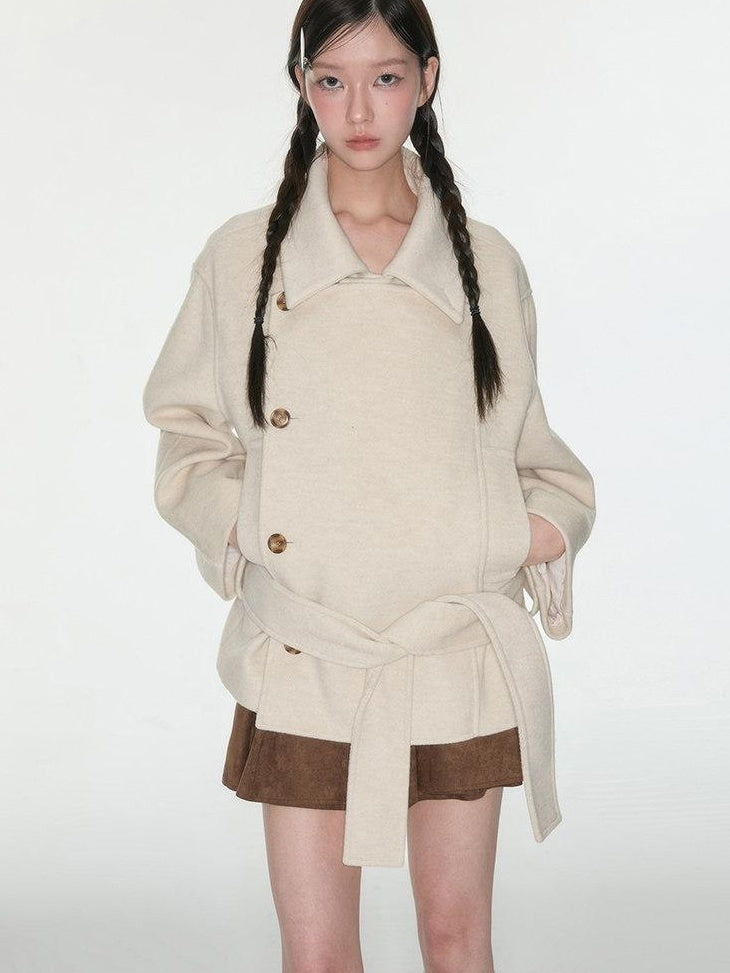 Luamoss Thick Wool Blend Korean Commuter Straight Mid Length Women Oatmeal Wool Coats