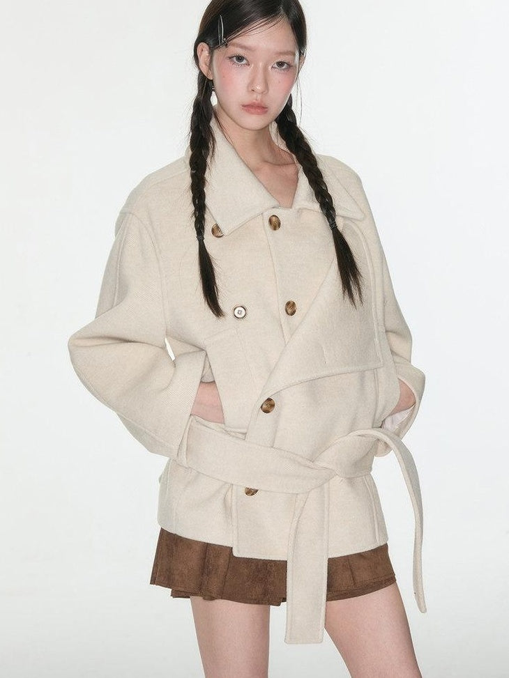 Luamoss Thick Wool Blend Korean Commuter Straight Mid Length Women Oatmeal Wool Coats