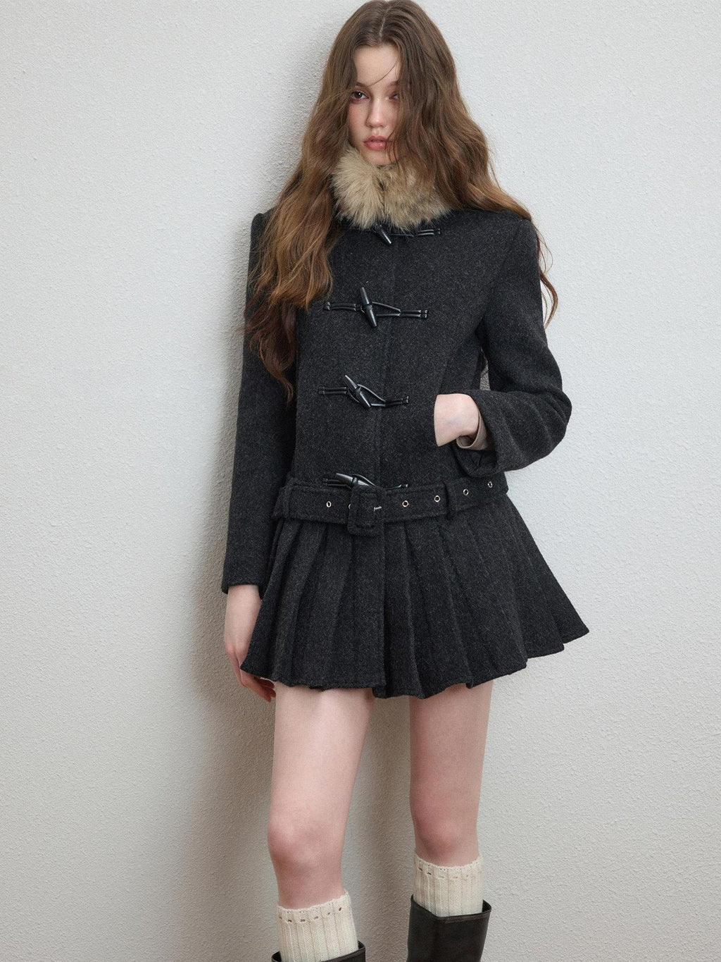 Luamoss Thick Wool Blend Korean Slim Lapel Women Midlength Pleated Wool Coats