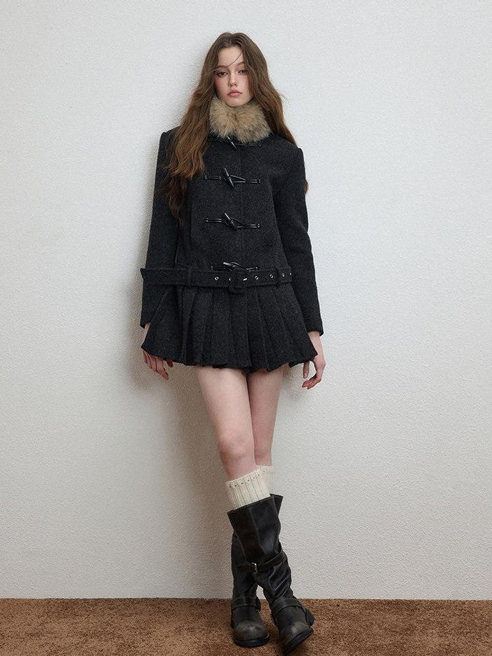 Luamoss Thick Wool Blend Korean Slim Lapel Women Midlength Pleated Wool Coats