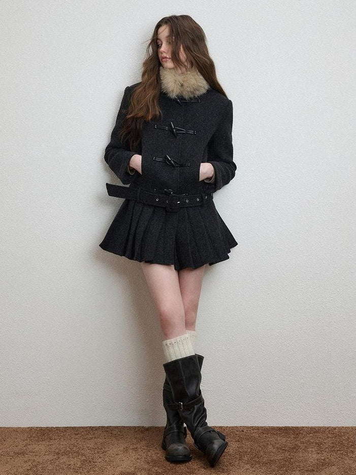 Luamoss Thick Wool Blend Korean Slim Lapel Women Midlength Pleated Wool Coats