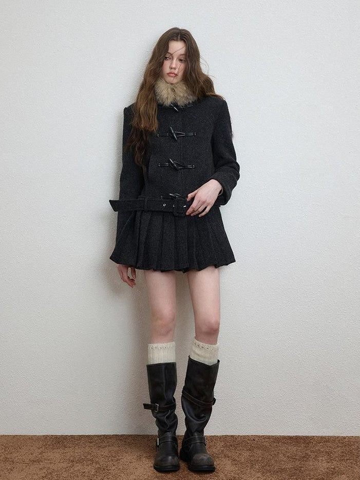 Luamoss Thick Wool Blend Korean Slim Lapel Women Midlength Pleated Wool Coats