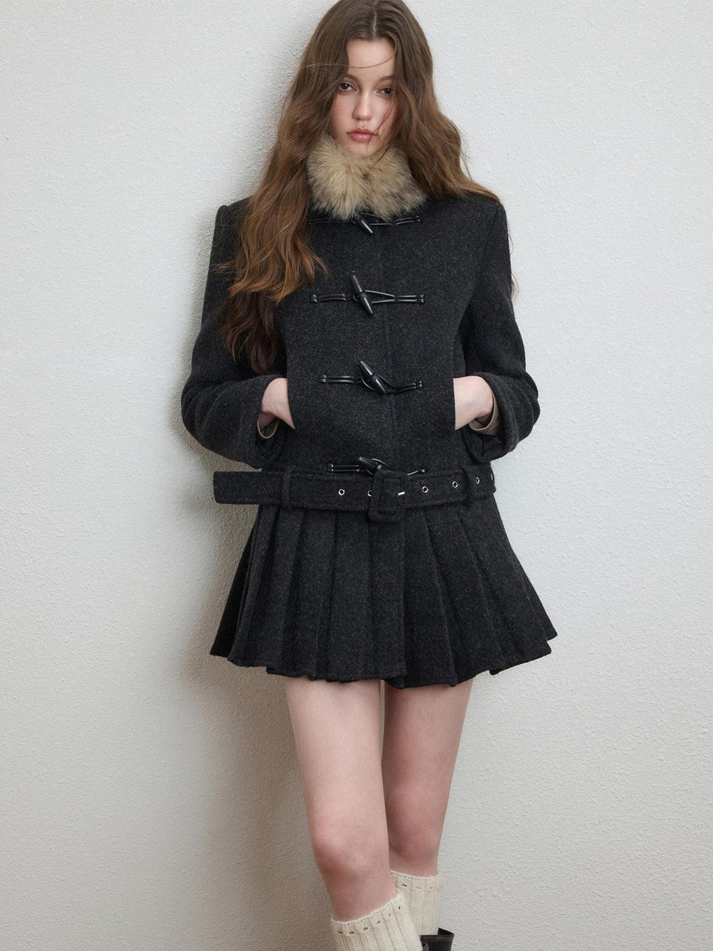 Luamoss Thick Wool Blend Korean Slim Lapel Women Midlength Pleated Wool Coats