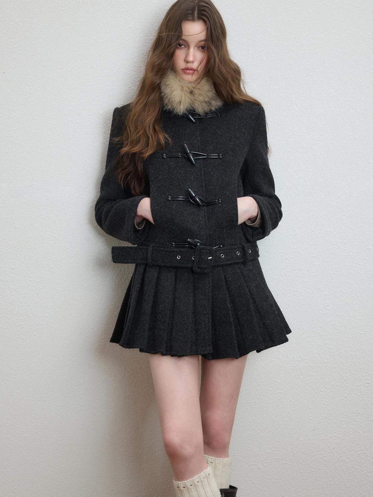 Luamoss Thick Wool Blend Korean Slim Lapel Women Midlength Pleated Wool Coats