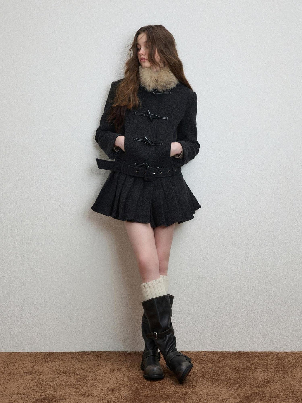 Luamoss Thick Wool Blend Korean Slim Lapel Women Midlength Pleated Wool Coats