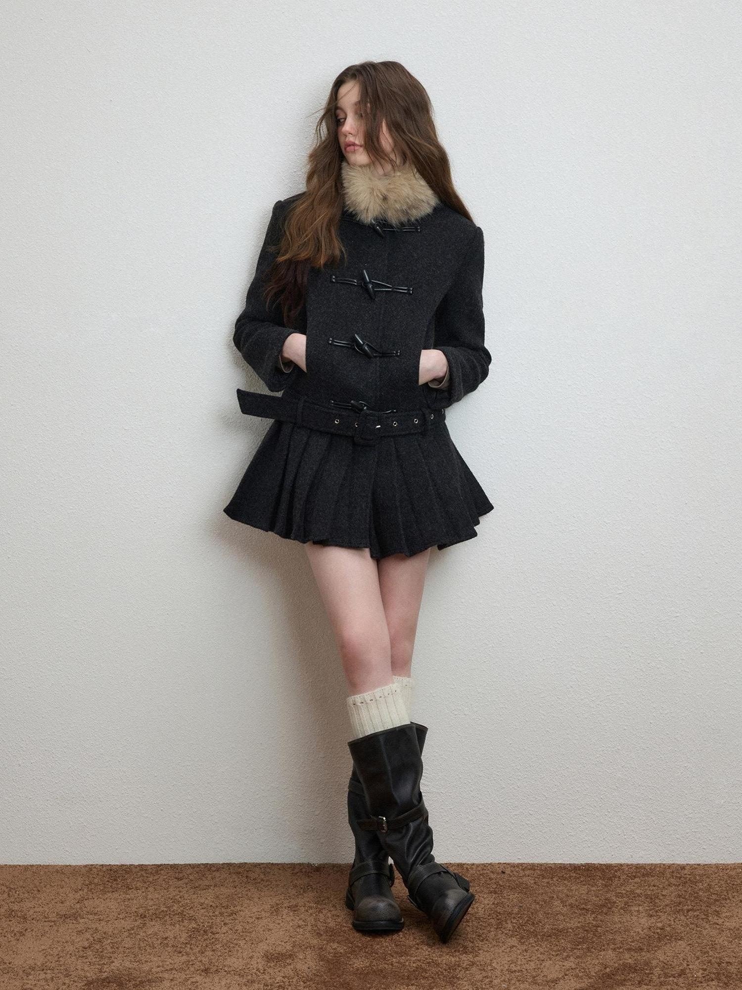 Luamoss Thick Wool Blend Korean Slim Lapel Women Midlength Pleated Wool Coats