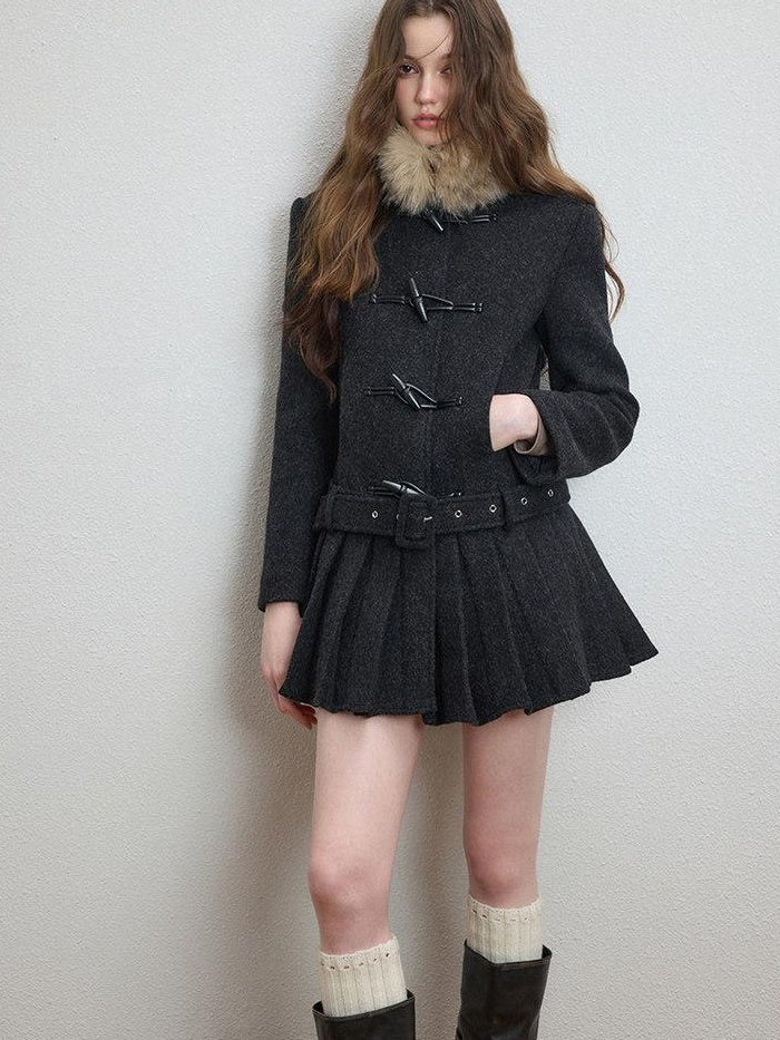 Luamoss Thick Wool Blend Korean Slim Lapel Women Midlength Pleated Wool Coats