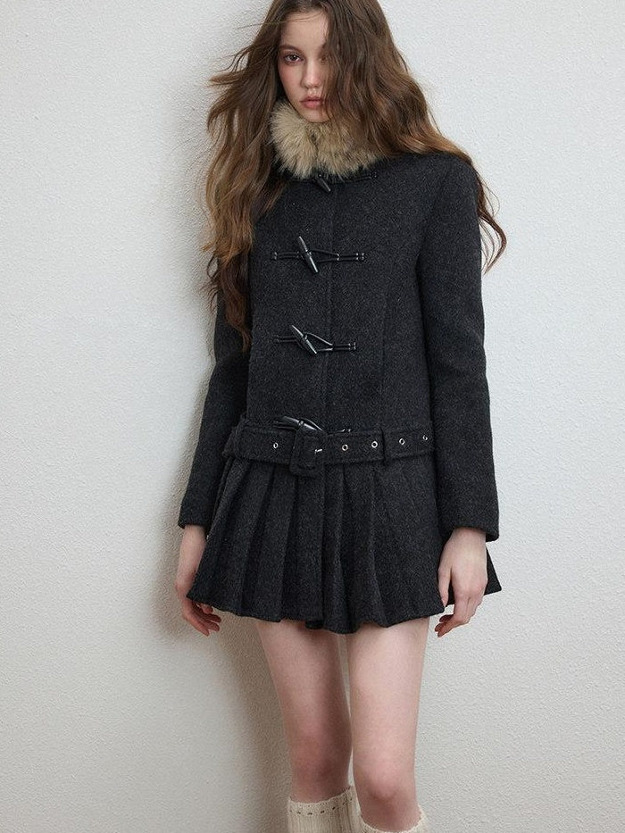 Luamoss Thick Wool Blend Korean Slim Lapel Women Midlength Pleated Wool Coats