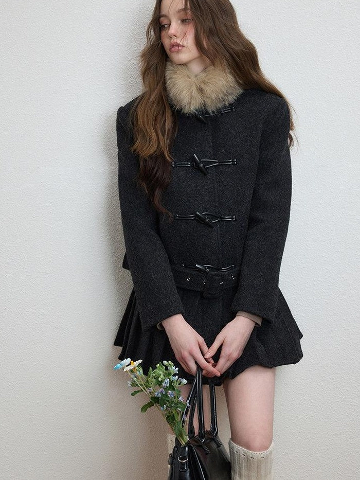 Luamoss Thick Wool Blend Korean Slim Lapel Women Midlength Pleated Wool Coats