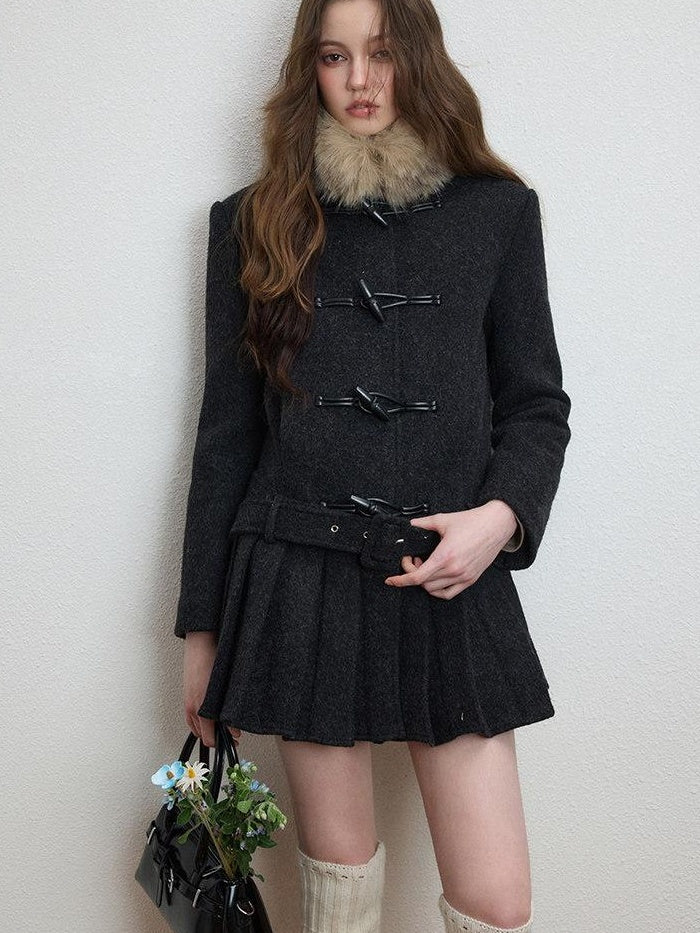 Luamoss Thick Wool Blend Korean Slim Lapel Women Midlength Pleated Wool Coats
