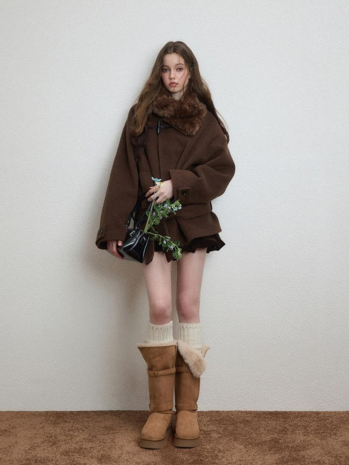 Luamoss Thickened Tie Belt Korean Loose Drop Shoulder Midlength Women Wool Coats