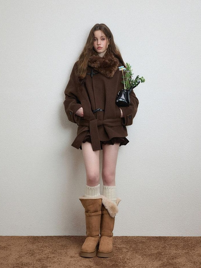 Luamoss Thickened Tie Belt Korean Loose Drop Shoulder Midlength Women Wool Coats