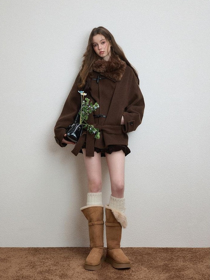 Luamoss Thickened Tie Belt Korean Loose Drop Shoulder Midlength Women Wool Coats