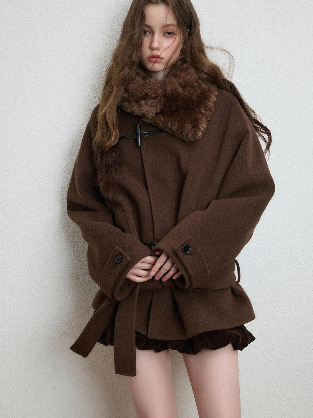 Luamoss Thickened Tie Belt Korean Loose Drop Shoulder Midlength Women Wool Coats
