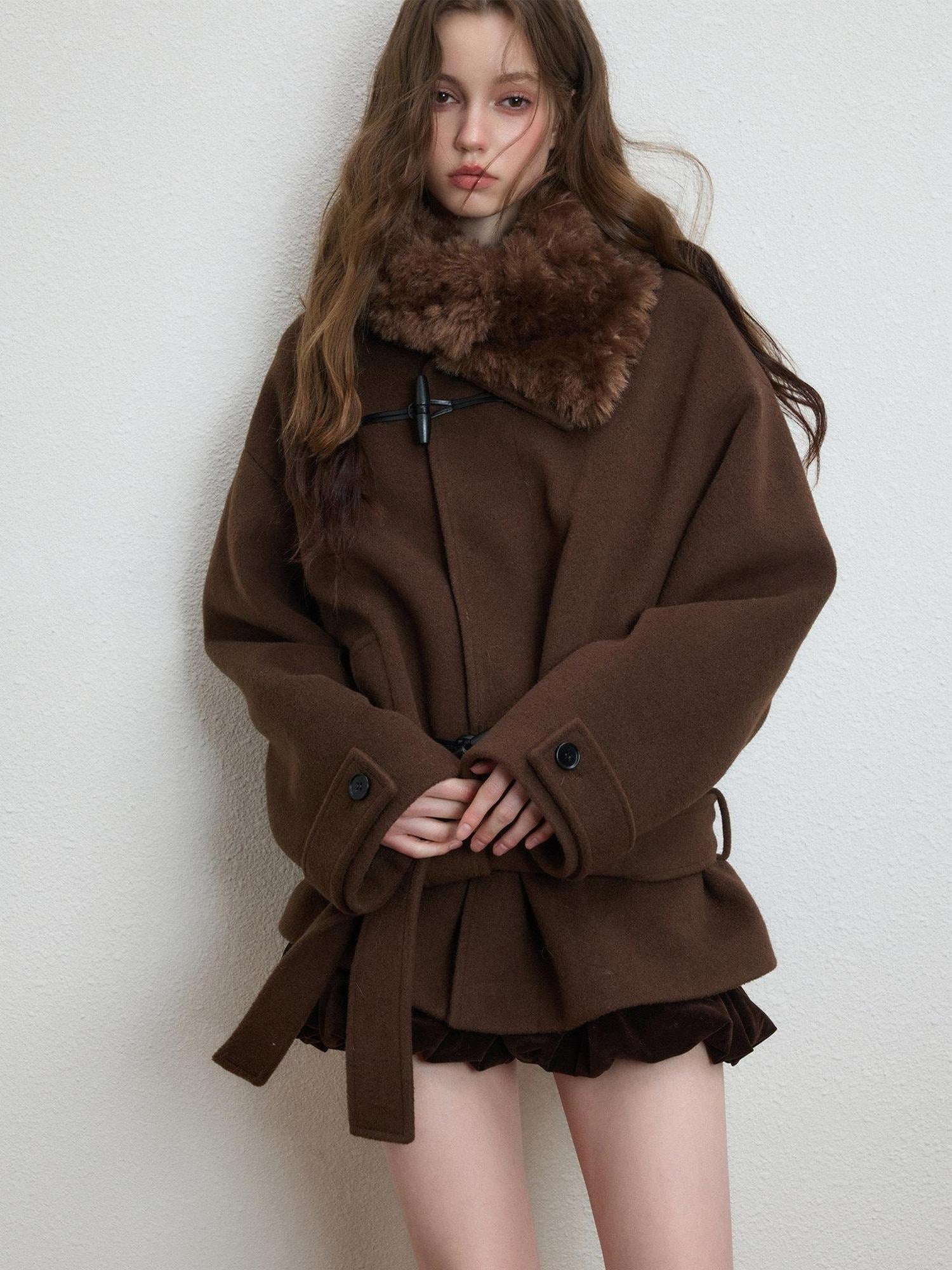 Luamoss Thickened Tie Belt Korean Loose Drop Shoulder Midlength Women Wool Coats